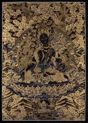 Black and Gold Style White Tara Thangka | Original Hand-Painted Female Bodhisattva Art